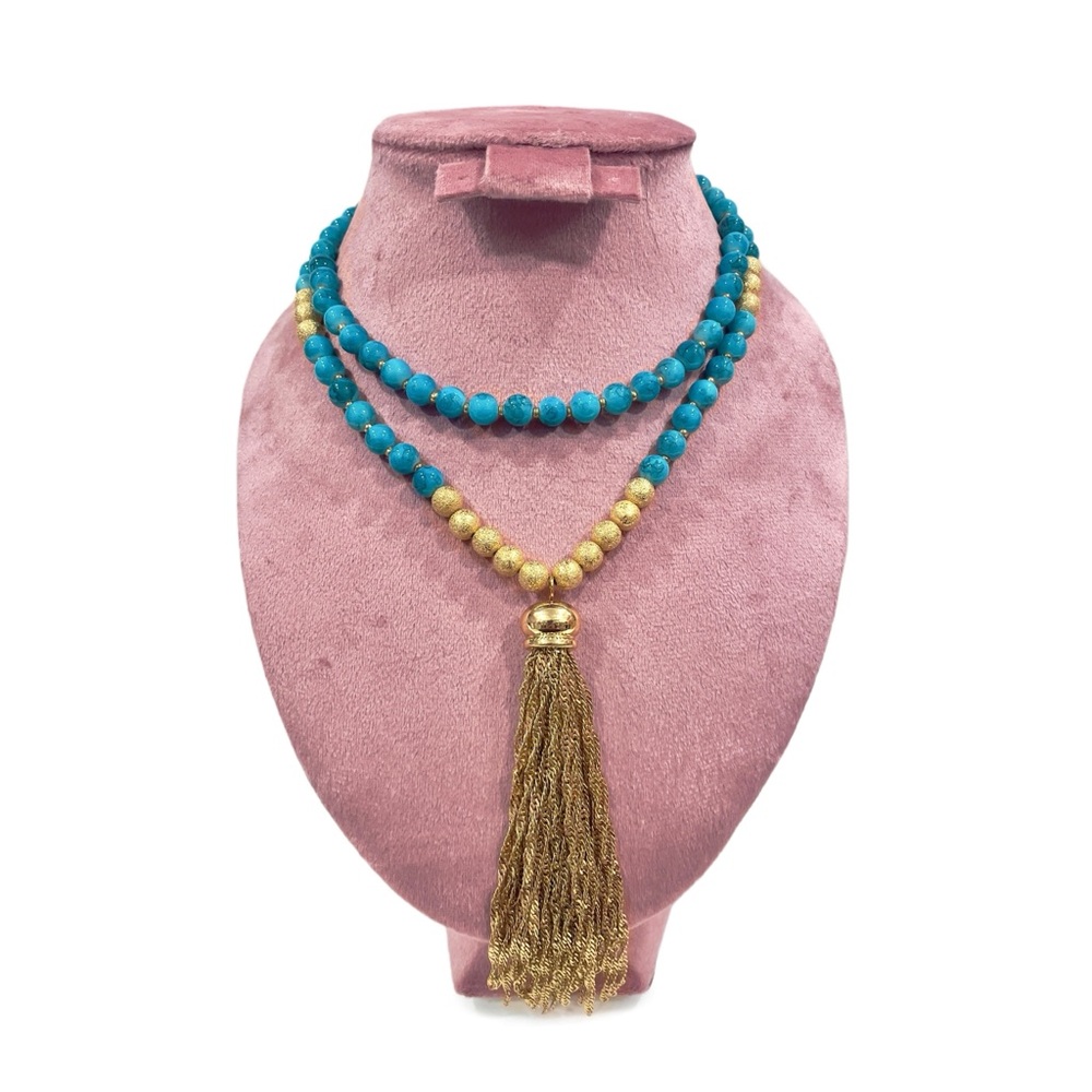 AMRITA SINGH Feroza Glass Beads Faux Turquoise Tassel Long Necklace Gift Box NWT